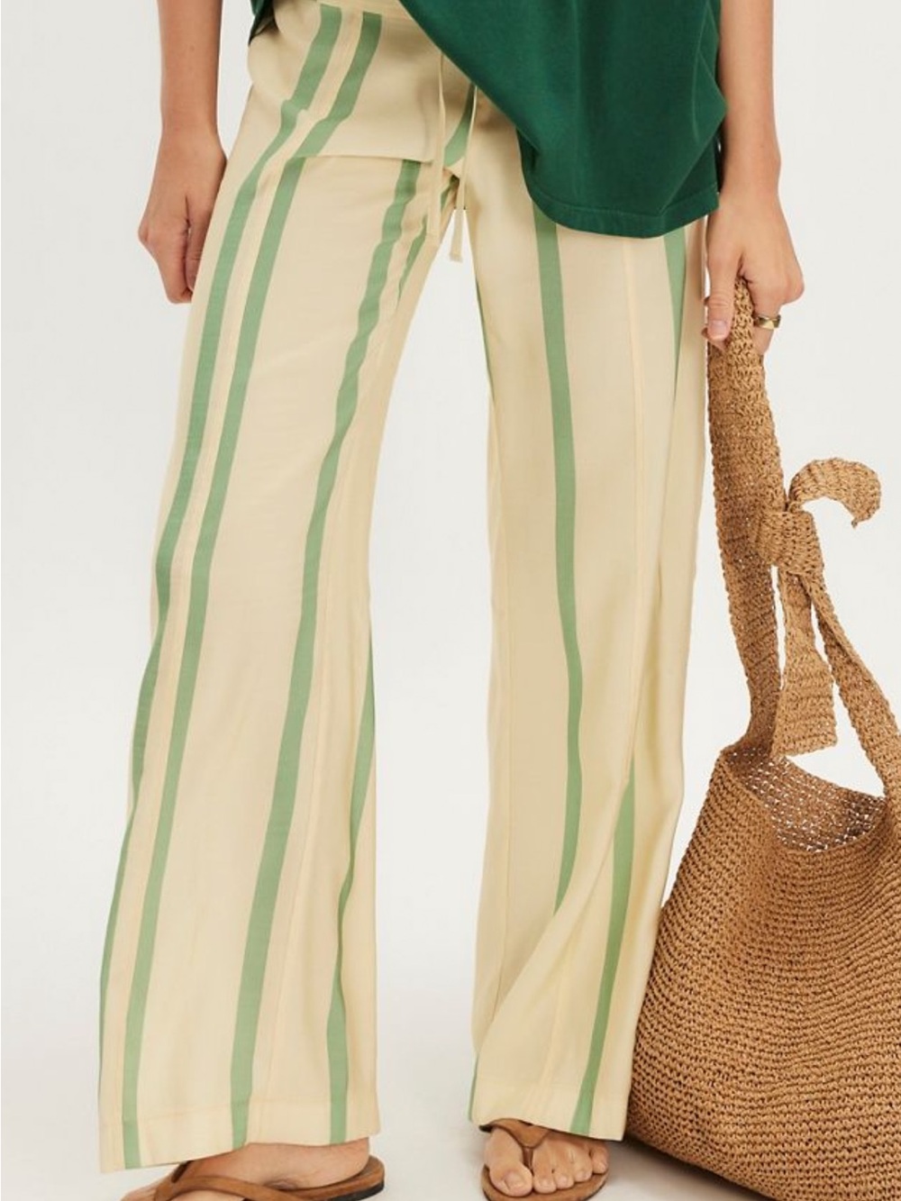 Free People LAAGAM Wide Leg Striped Wrap Pants Cream Sage Green Size 40 Medium